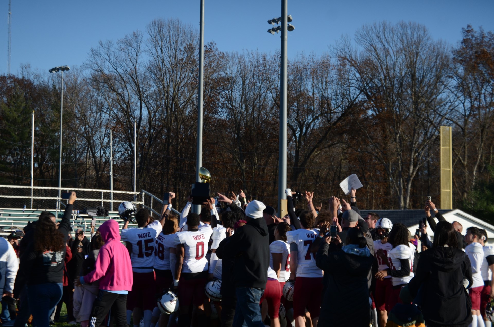 CCSJ celebrates after winning the MSFL championship game over St. Mary-of-the-Woods in Terre Haute, IN.